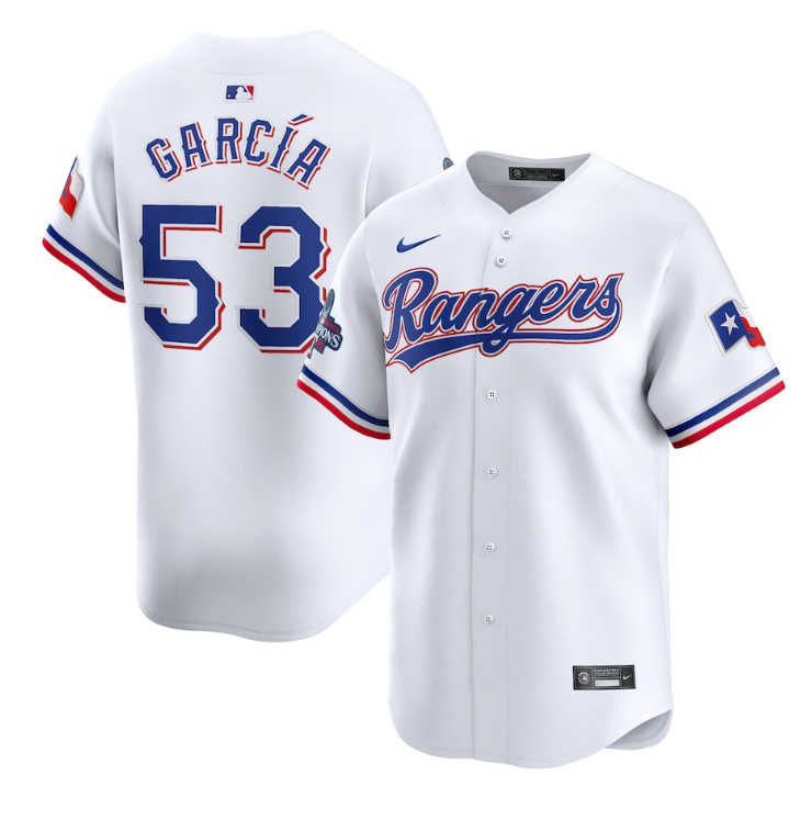 Men's Texas Rangers #53 Adolis García White 2023 World Series Champions Stitched Baseball Jersey